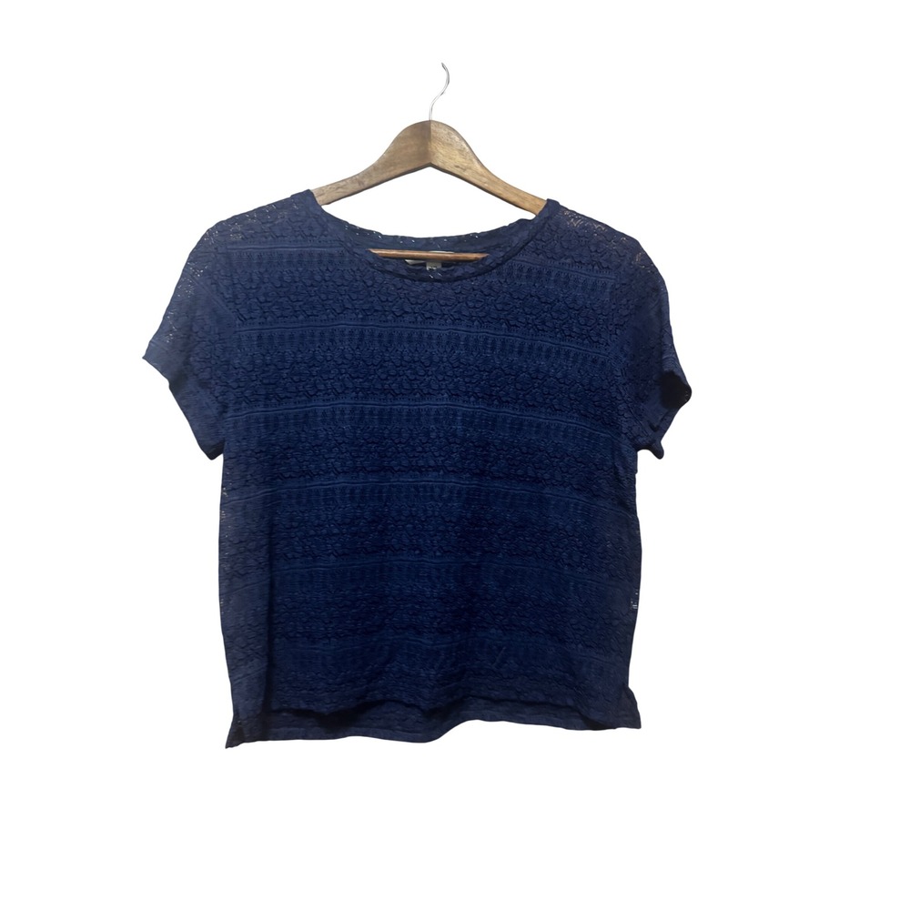 American Eagle Lace Top Womens‎ Large Navy Blue Excellent Crochet Short Sleeve